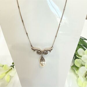 Sterling Silver Marquise Pearl Drop Pendant Necklace - Freshwater Pearl 16”